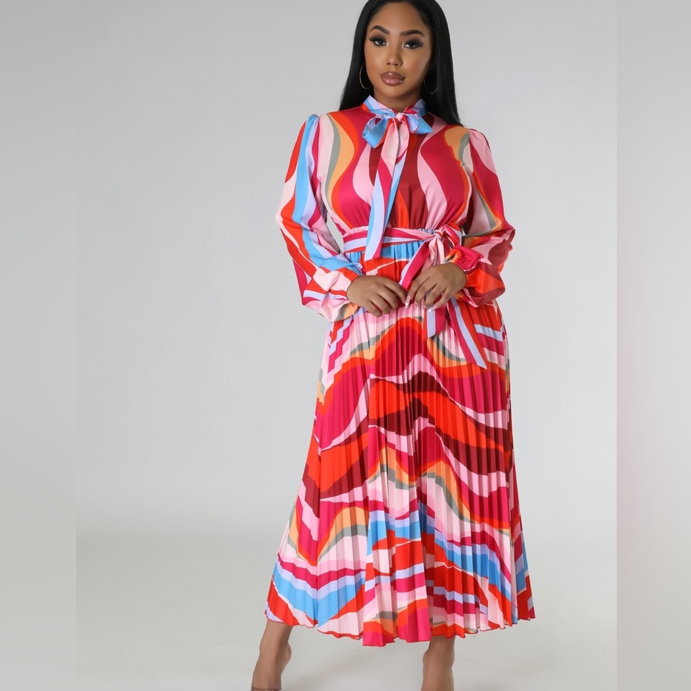 Elle Multicolor Long Sleeve Pleated Dress